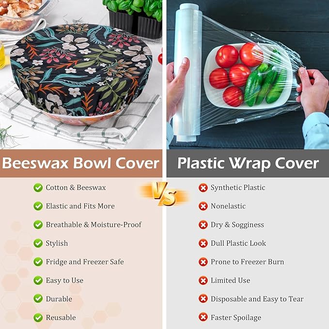 5-Size Reusable Beeswax Bowl Covers for Bread Proofing, Cotton Cloth Flexible Beeswax Wraps for Food Storage(Mushroom)