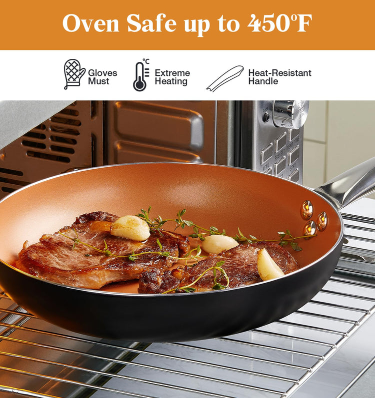 10in Copper Nonstick Frying Pans with Lids and Titanium Ceramic Interior