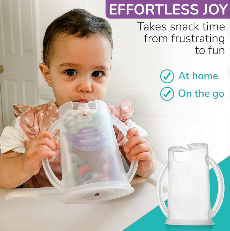 Squeeze Proof Food Pouch Holder for Toddlers, Babies, Kids, Mess Free No Squeeze Juice Box Drink Holder with Easy Grip Handles and Lid - Made in USA (Blue 3 Pack)