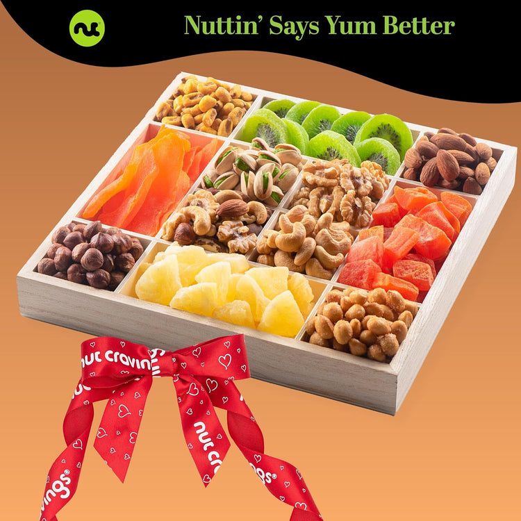 NUT CRAVINGS - Rosh Hashana & Shana Tova Dried Fruit & Mixed Nuts Gift Basket in Reusable Wooden Tray + Ribbon (12 Assortments) Food Arrangement, Healthy Snack Care Package, Food Assortments