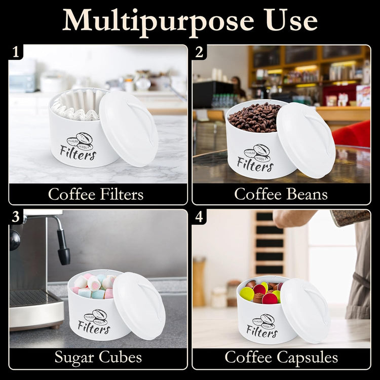 Coffee Filter Holder with Metal Lid – Coffee Filter Container for Countertop – Modern Organizer for Cone Filters – Coffe Bar Accessory for Kitchen Decor (white)