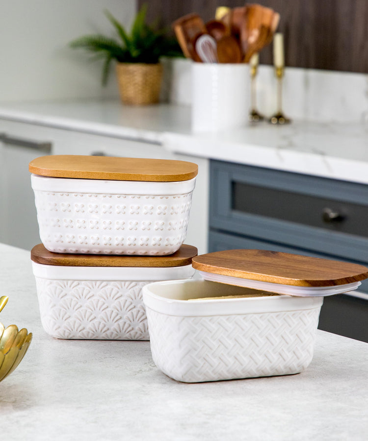 Ceramic Butter Dish Embossed Butter Keeper with Wood Lid for Countertop
