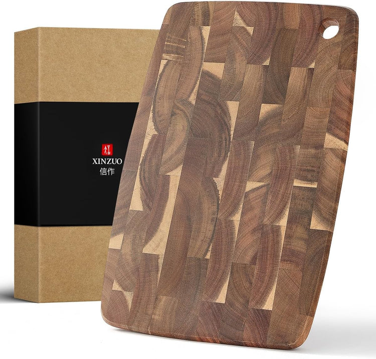 XINZUO Small Acacia Wood End-Grain Kitchen Cutting and Serving Board, for Kitchen, 14" x 9" Reversible Wooden Chopping Board for Meat, Cheese, Fruit & Vegetables,Easy to Clean(Rectangular)