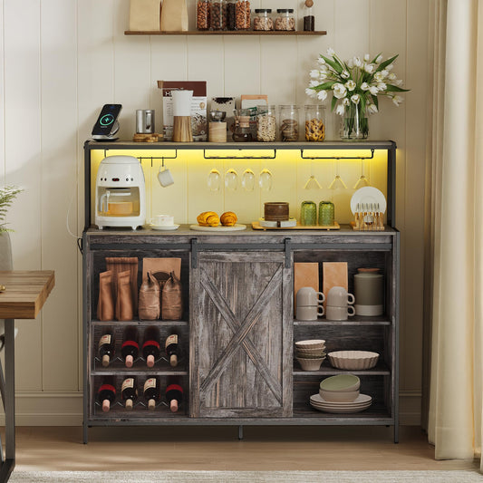Coffee Bar Buffet Cabinet with LED Light and Power Outlet