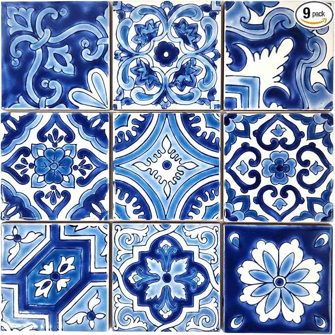 DYARI Set of 9 Decorative Ceramic Tiles – Hand Painted Indoor & Outdoor – Artisan Top Kitchen – Mediterranean Decorative 4x4 / One Tile Durable Colorful (Blue, 9 Tiles (1 Sq Ft))