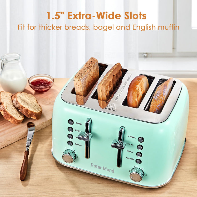 Toaster 4 Slice Retro Stainless Steel with Extra Wide Slots Bagel