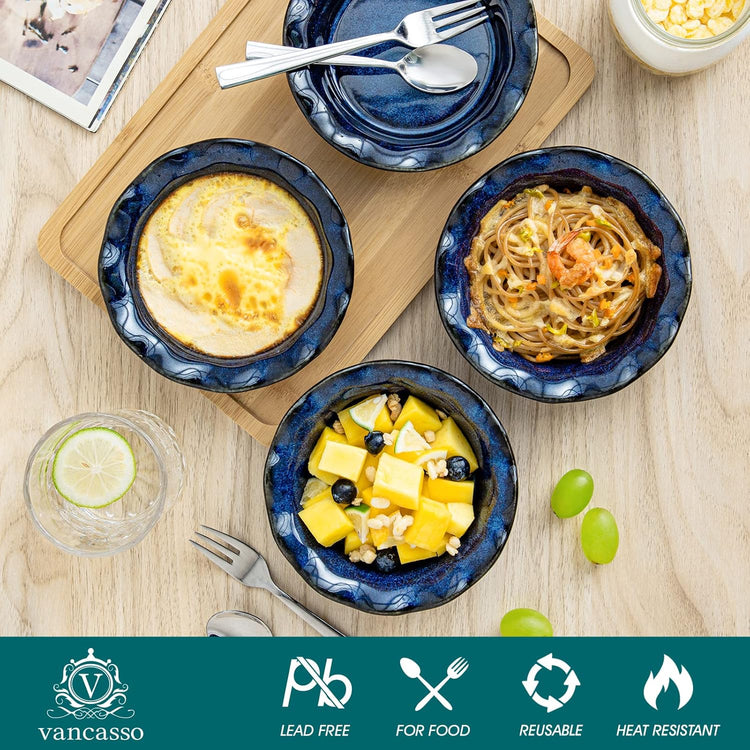 vancasso Mini Pie Pans Set of 6, 5.2 Inch Ceramic Deep Dish Pie Plates with Ruffled Edge for Baking, Microwave & Oven Safe, Blue