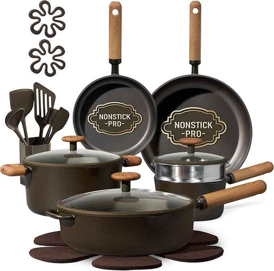 CAROTE Pots and Pans Set Non Stick, 21PCS Cookware Set with Strainer Lid, Induction Cooking Set with Kitchen Utensils, Dark Green