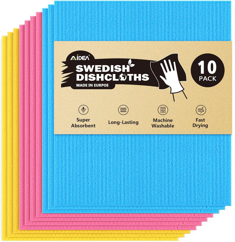 AIDEA Swedish Dish Cloth, 10PK, Swedish Dishcloths for Kitchen, Reusable Paper Towels Washable, Sponge Cloths Kitchen, Absorbent Dish Rags, Dish Towels Cloth, 7"x6" - Nestoria