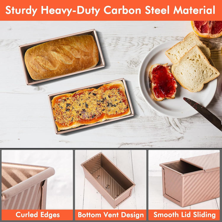 Beasea Pullman Loaf Pan With Lid, 2 Pack 0.5 lb Small Non-Stick Carbon Steel Mini Toast Box for Homemade Bread Oven Baking - Rose Gold