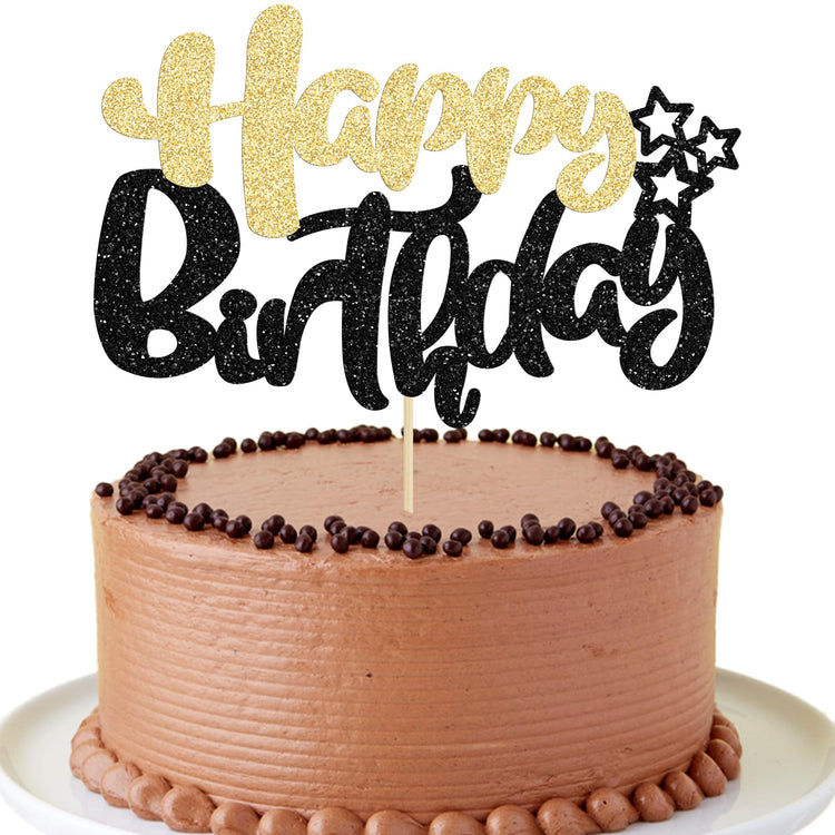 1Pcs Happy Birthday Cake Topper Glitter Cake Pick for Celebrating Anniversary Theme Party Cake Decorations Supplies Black Gold