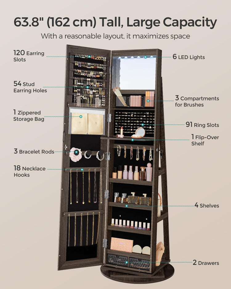 6 LEDs Mirror Jewelry Cabinet Organizer