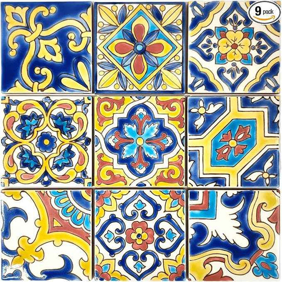 DYARI Set of 9 Decorative Ceramic Tiles – Hand Painted Indoor & Outdoor – Artisan Top Kitchen – Mediterranean Decorative 4x4 / One Tile Durable Colorful (Yellow & Red, Sample (1 Tile 4x4))