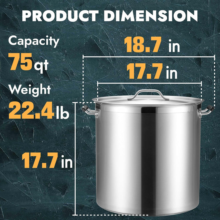 CURTA 75 Quart Large Stock Pot with Lid, NSF Listed, 3-Ply Clad Base, 18/8 Stainless Steel Cooking Pot, Commercial Cookware, Induction Ready, 17.7"D x 18.7"W x 17.7"H