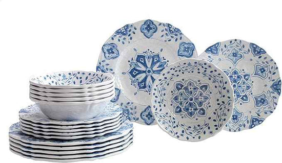 Le Cadeaux 18 Piece Luxury Melamine Dinnerware Set, Service for 6 (Moroccan Blue)