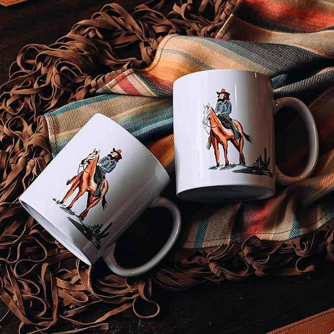 Paseo Road Ranch Life 16 Piece Ceramic Dinnerware Set with Plates, Bowls, Coffee Mugs, Duffle Bag, Cow Longhorn Horse Cowboy Pattern, Southwestern Rustic Cabin Lodge Style
