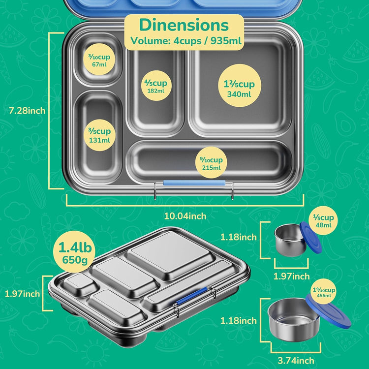 Stainless Steel Bento Box Kids, Kids Metal Bento Lunch Box BPA Free Lunch Box Containers 304 Stainless Steel Bento Box for School and Office(Green)