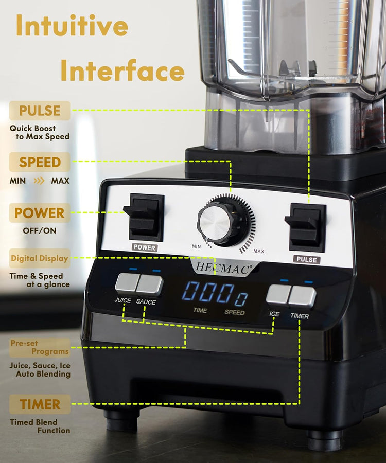 HECMAC 3-Peak HP Blender - 2200W Max/1400W Rated, 68oz BPA-Free Pitcher, 3 Programs, Self-Clean, Tamper - Smoothies, Ice Crush, Frozen Drinks, Food Prep - Home & Commercial, 110V
