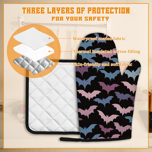Colorful Bats Oven Mitts and Pot Holders Set (4 Count)