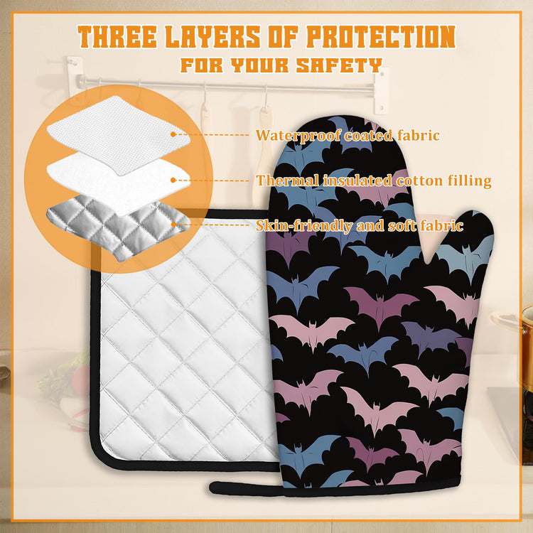 Colorful Bats Oven Mitts and Pot Holders Set (4 Count)