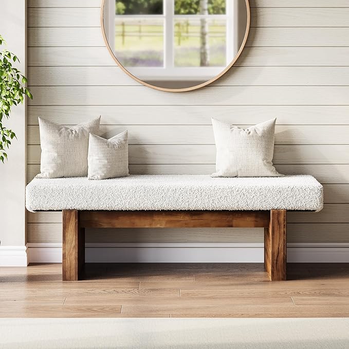 LITTLE TREE 55" Solid Wood Entryway Bench, Upholstered Bedroom Bench with Faux Lamb Wool, Dining Bench for Kitchen, Living Room, End of Bed, or Foyer (Warm White & Walnut)
