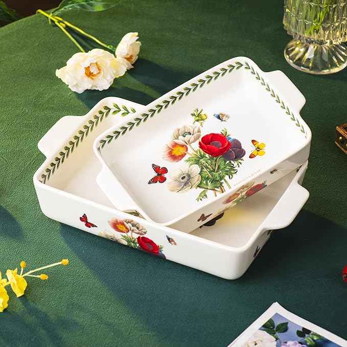 ONCCI In-Glaze Ceramic Baking Dish Set of 2 - Rectangular with Handles,Single Serving Size Casserole dishes 10.8*7.99in & 8.58*6.54inch Sizes - Oven Safe for Cooking, Baking, Casseroles - Dishwasher Safe(Corn Poppy)