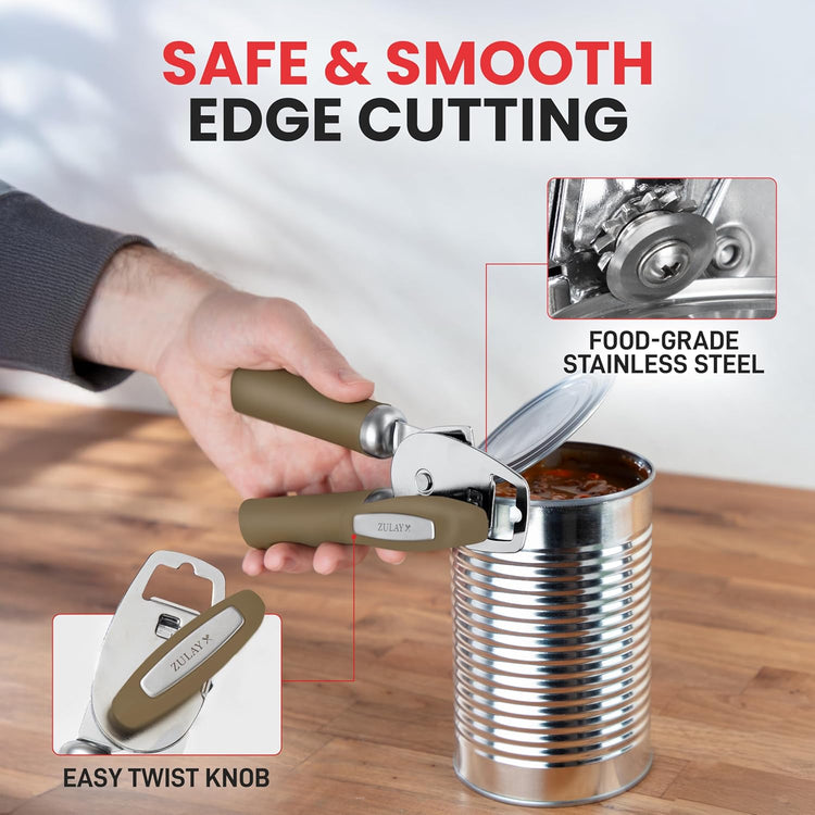 Zulay Kitchen Heavy Duty Stainless Steel Can Opener Manual with Bottle Opener - Rust Proof Manual Can Opener With Turn Knob & Comfy Soft Grip Handles - Brown