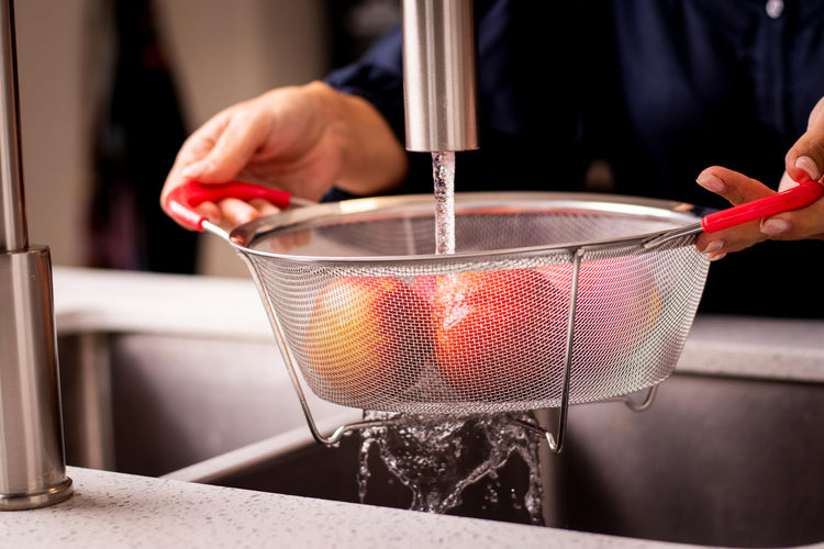 Hercules Chef by Mundial 9.8" Stainless Steel Colander Strainer with Red Silicone Handles