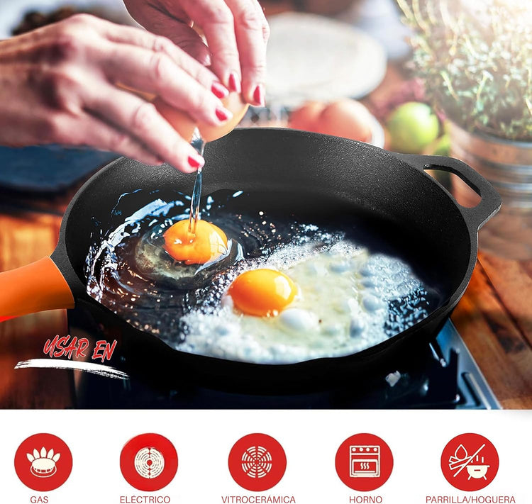 NutriChef 10" & 12" Pre-Seasoned Cast Iron Pans - Durable Nonstick Skillets, Cool-Touch Silicone Handle, For Oven, Grill & All Stovetops - Nestoria