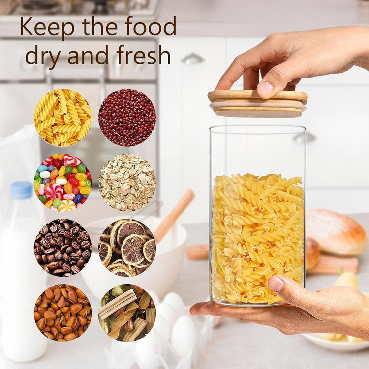 Square Glass Jars Canister with Wood Lid 50 FL OZ [Set of 3], Container Jar with Sealing, Lids for Oat Pasta Flour Cereal Rice Sugar Tea Coffee Beans, Best for Kitchen & Pantry