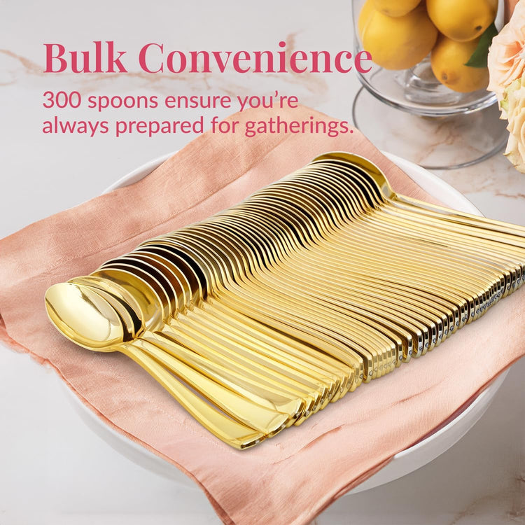 Prestee Gold Plastic Spoons, 300 Pc, Disposable Spoon Cutlery Flatware Pack for Party, Wedding Events, Sparkle & Glamour - Plastic Utensil Set for Parties, Events and Everyday Use