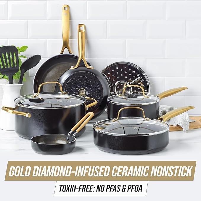 Blue Diamond Gold 12 Piece Cookware Set, PFAS-Free Ceramic Nonstick Pots & Pans, Induction Ready for All Cooktops, Kitchen Serving Utensils, Dishwasher Safe, Black