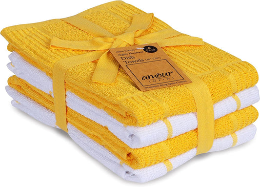 AMOUR INFINI Kitchen Towels Pack of 4 Absorbent, Quick Drying Premium Terry Cotton Dish Towel with Hanging Loop 16x28 Inch Hand & Tea Towels (Yellow) - Nestoria