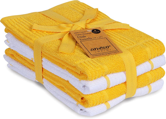 AMOUR INFINI Kitchen Towels Pack of 4 Absorbent, Quick Drying Premium Terry Cotton Dish Towel with Hanging Loop 16x28 Inch Hand & Tea Towels (Yellow) - Nestoria