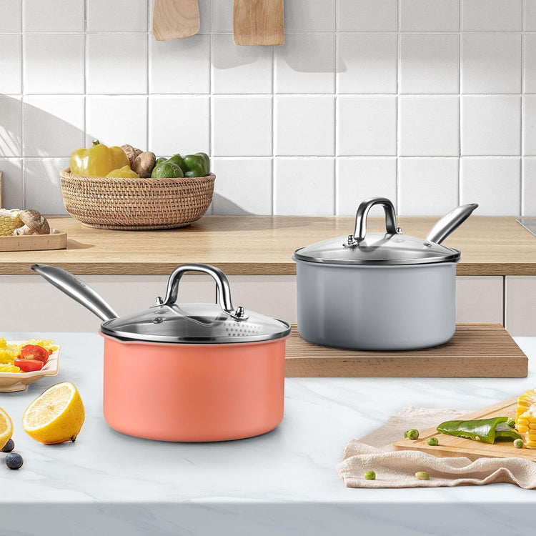 2 qt Nonstick Sauce Pan with Lid, Ceramic Saucepan Small Cooking Pot Non Toxic, PTFE & PFOA Free - Oven Safe & Compatible with All Stovetops (Gas, Electric & Induction)-Perracotta