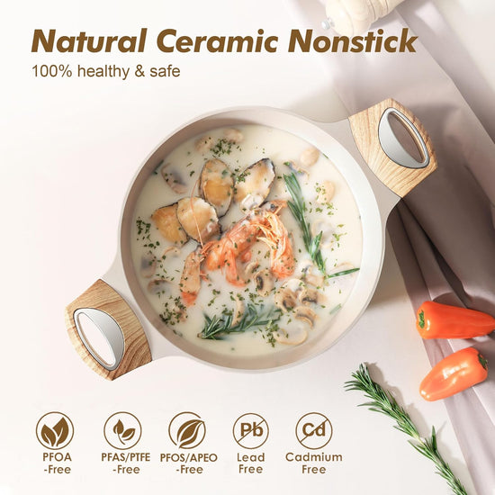 SENSARTE Ceramic Nonstick Stock Pot with Lid, 2.6/4.5/6.6 QT Soup Pot Casserole Pot, Non-toxic Healthy Pasta Pot, Large Cooking Pot Stew Pot, Induction Compatible, PFOA PFAS PTFE Free, Taupe - Nestoria