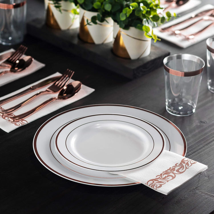 Munfix 100 Rose Gold Rim Plastic Plates Set, 50 Pcs 10 Inch Dinner and 50 Pcs 7 Inch Plastic Dessert Plates, Elegant Fancy Heavy Duty Disposable Plates for Party, Wedding, White Rose Gold Rim