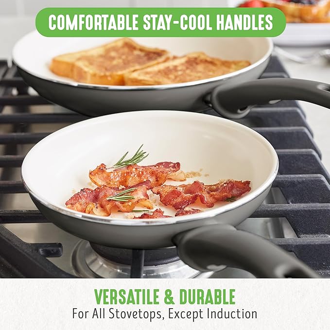 GreenLife Soft Grip Healthy Ceramic Nonstick 18 Piece Kitchen Cookware Pots and Frying Sauce Saute Pans Set, PFAS-Free with Kitchen Utensils and Lid, Dishwasher Safe, Gray