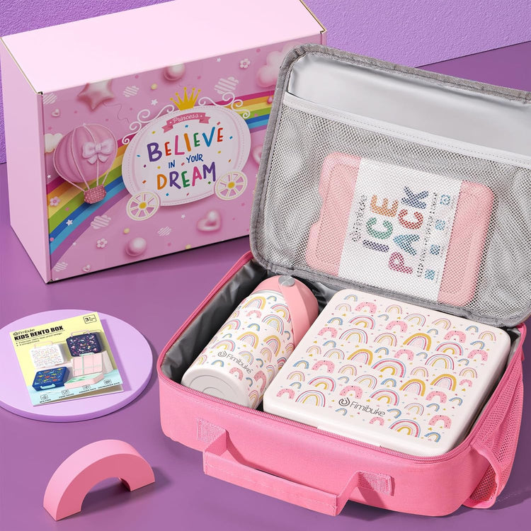 Fimibuke Kids Bento Lunch Box with 4 Compartments, Insulated lunch Bag, Stainless Steel Insulated Water Bottle, Ice Pack & Utensils Set, Birthday Gifts for Ages 3-12 Back to School Toddler Girls Boys