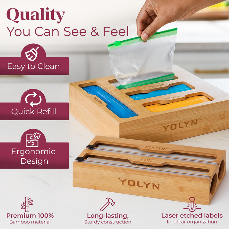Bamboo Food Storage Bag Organizer for Drawer with Foil & Plastic Wrap Dispenser