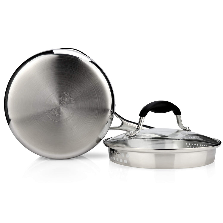 Tri Ply Stainless Steel Saucepan with Glass Strainer Lid