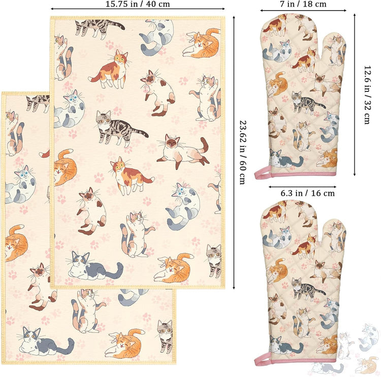 Cute Cat Kitchen Towels and Oven Mitts Set 4Pcs, Soft Absorbent Dish Cloth Heat Resistant Oven Gloves for Cooking Baking Kitchen Decoration, Gifts for Her