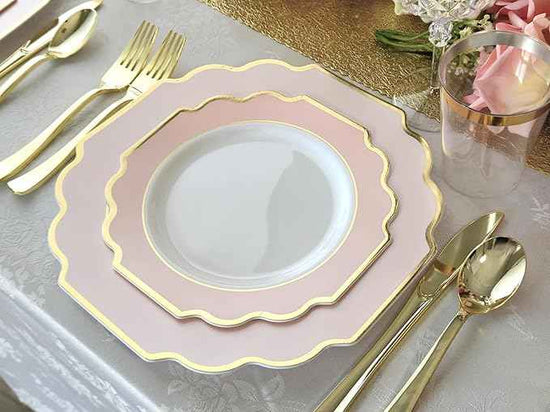 " OCCASIONS " 200 Piece set (25 Guests)-Wedding Plastic Plates & cutlery -Disposable heavyweight Dinnerware 10.5'', 8'' + Silverware + Cups + Napkins (Imperial in Blush Pink & Gold)