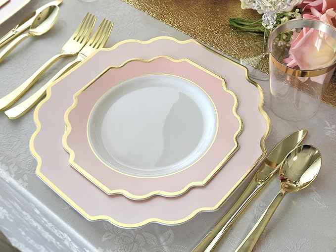 " OCCASIONS " 960 Piece set (120 Guests)-Heavyweight Wedding Party Disposable Plastic Plate Set - 120 x 10.5'' + 120 x 8'' + Silverware + Cups + Napkins (Imperial in Blush Pink & Gold)