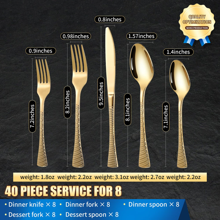 Hammered Gold Silverware Set for 8 (40 Count)