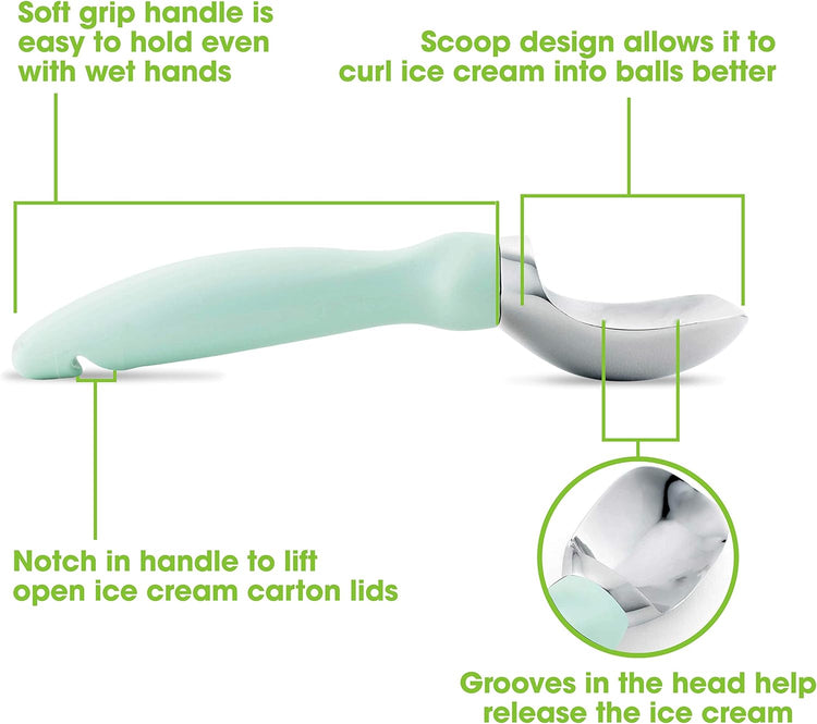 Spring Chef Stainless Steel Ice Cream Scoop - Dishwasher Safe Metal Ice Cream Scooper, Heavy Duty Kitchen Tool with Soft Grip Anti-Freeze Handle, Perfect for Frozen Yogurt, Sorbet, Sundae - Mint
