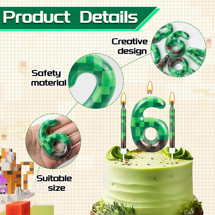 13 Pcs Dynamite Candles 12 TNT Themed Birthday Cake Candles and Number 6 Candle Cake Topper for Pixel Theme Birthday Party Anniversary Party Dynamite Theme Party Video Game Party Supplies (13 Count)