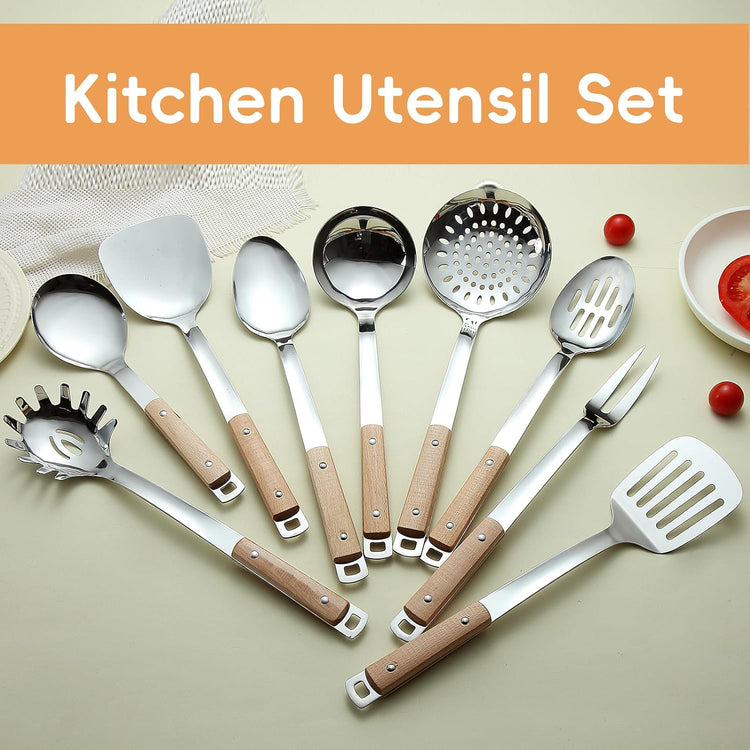 9pcs Cooking Utensils Set 304 Stainless Steel Kitchen Utensils with Wooden Hanlde Metal Kitchen Utensils Soup Ladle Set Dishwasher Safe Kitchen Essentials Set Kitchen Tool Set, Dishwasher Safe