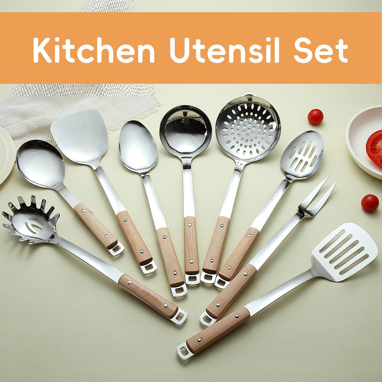9pcs Cooking Utensils Set 304 Stainless Steel Kitchen Utensils with Wooden Hanlde Metal Kitchen Utensils Soup Ladle Set Dishwasher Safe Kitchen Essentials Set Kitchen Tool Set (9 Count)