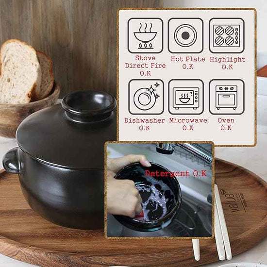 Korean Earthenware Pot Ttukbaegi, Ceramic Clay Cooking Pot Petalite Casserole, Heat Resistant Ceramic Pot, Zero-Crack Stone Bowl Stockpot Soup Cookware (Medium)